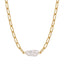 Gold paperclip link necklace with single freshwater pearl pendant waterproof stainless steel.