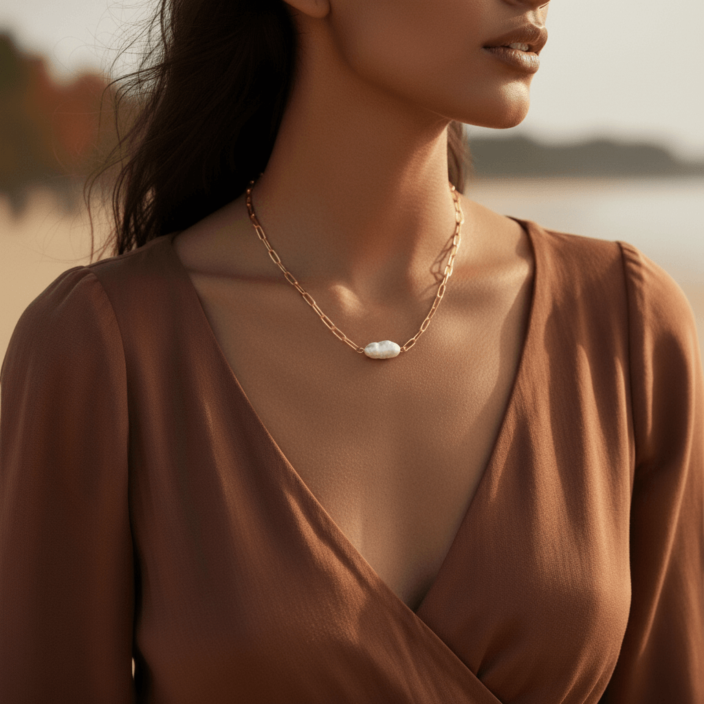 Model wearing The Aphrodite pearl necklace outdoors with a casual brown top, illustrating its durable, waterproof quality for everyday adventures.