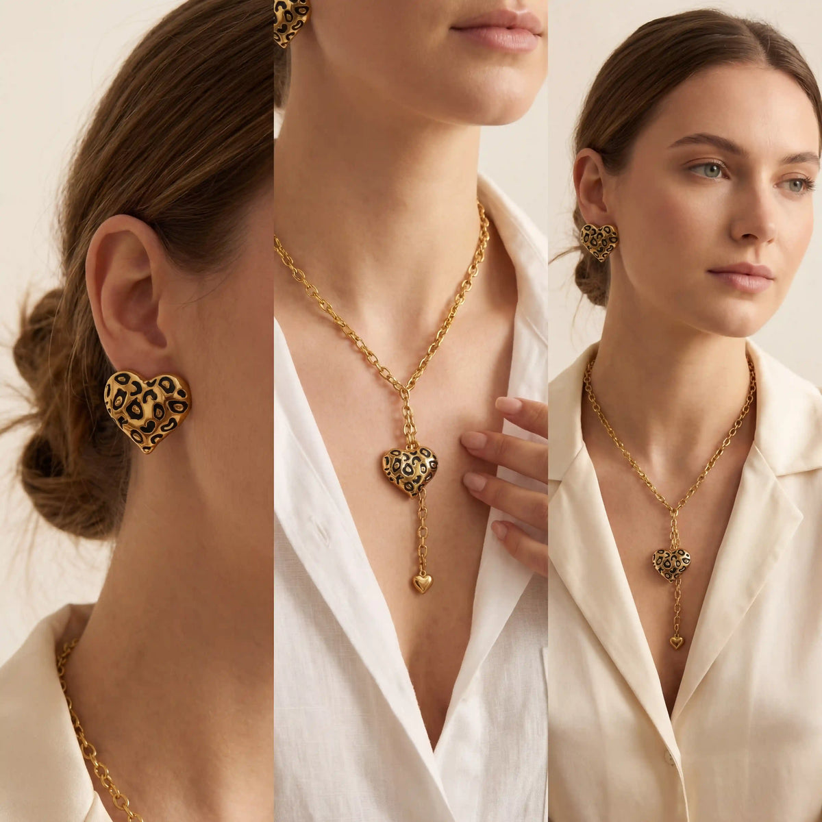 Lifestyle photography of woman styling bold leopard print heart jewelry statement look.