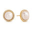 Pair of gold rimmed pearl stud earrings with cubic zirconia halo waterproof jewelry.