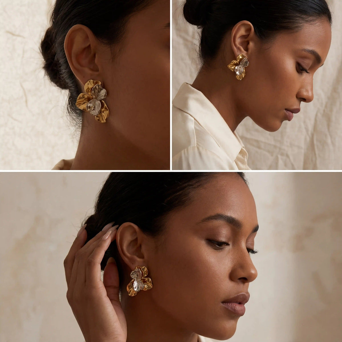 Fashion photography collage of dark skin model styling unique Aurora sculptural earrings.