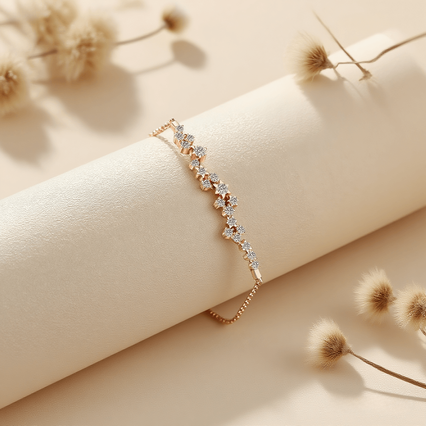 Rosegold Starburst Moissanite Bracelet — rose gold bracelet with moissanite starburst design on wrist, radiant and elegant.