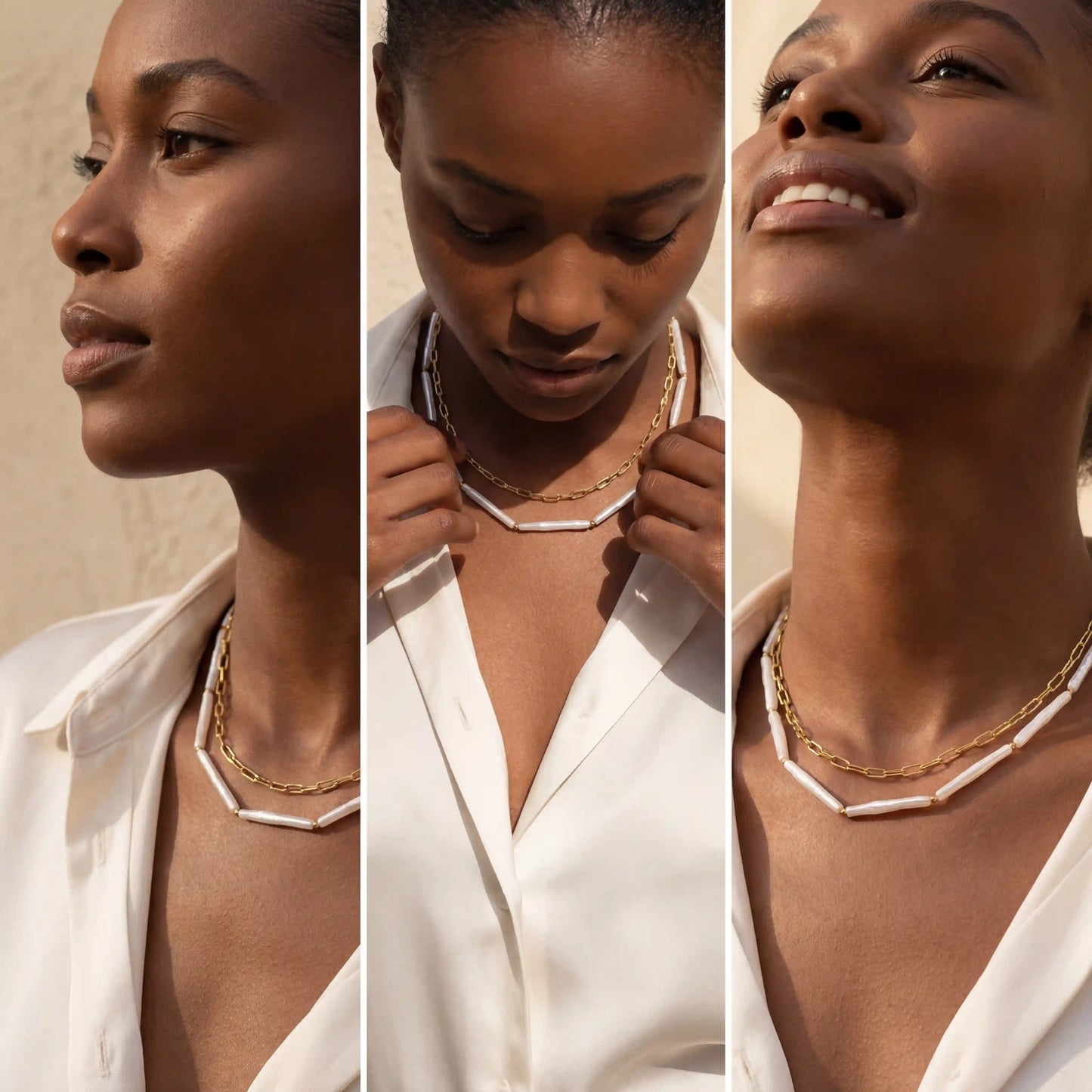 Model with dark skin styling Callisto double chain necklace with white button down shirt.