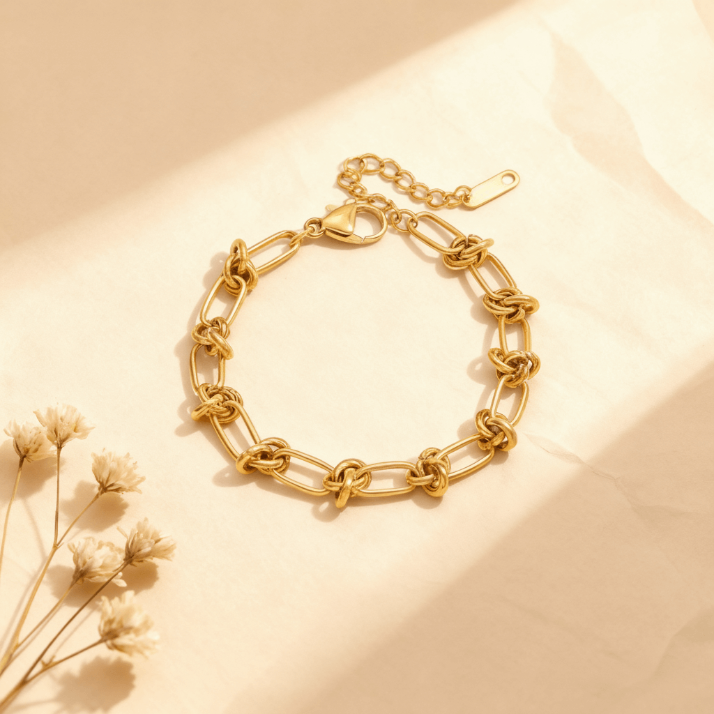 The paperclip link bracelet from The Amalfi Layering Set displayed in a circular shape, a timeless and essential piece for any waterproof jewelry stack.