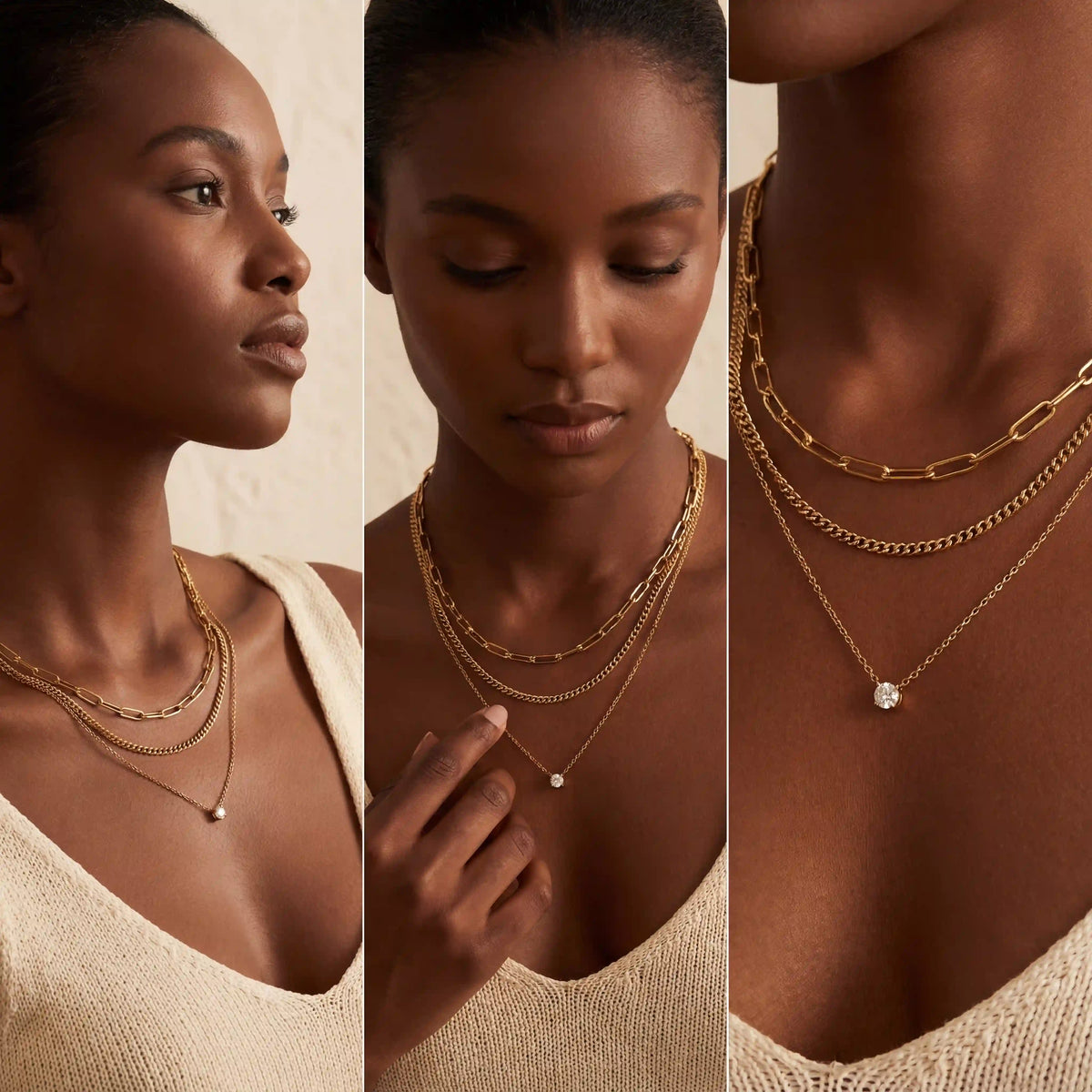 A different angle of a dark skin model wearing The Charites Necklace, capturing the brilliant shine of the gold chains and the sparkle of the crystal pendant.
