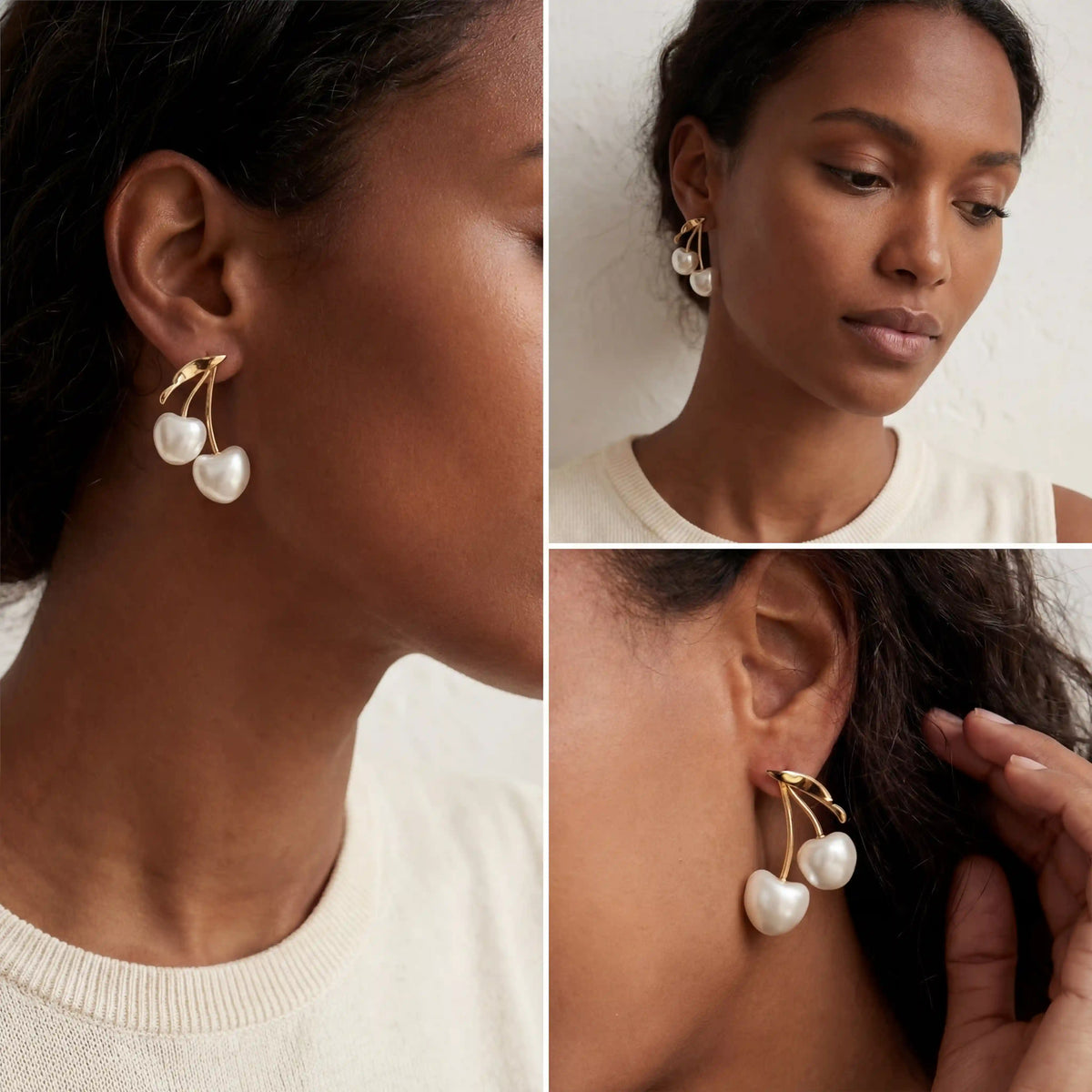 Model with dark skin wearing gold cherry motif earrings playful statement jewelry.