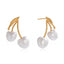 Pair of gold cherry shaped earrings with white pearl fruit waterproof stainless steel.