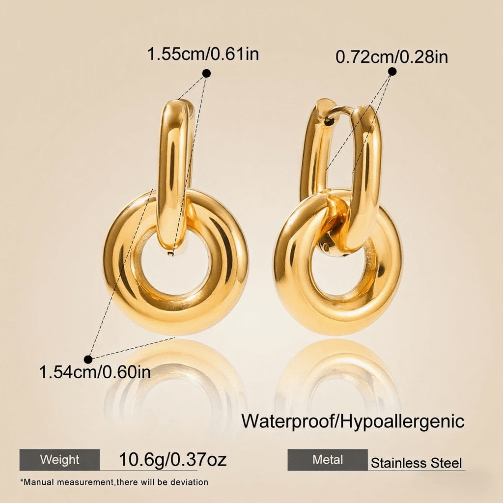 Close-up detail of the 3D twist knot and luxurious gold plating on Luminova's hoop earrings.