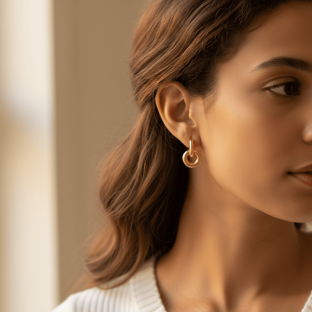 Close-up side profile of a woman wearing Luminova gold knot hoops, showcasing how they dangle from the ear.