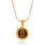 Gold round tiger's eye pendant necklace with twisted rope rim waterproof stainless steel.