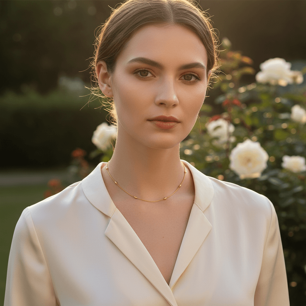 Close-up of a woman's neck wearing the Dainty Beaded Necklace solo with a black sweater, showcasing its delicate look.