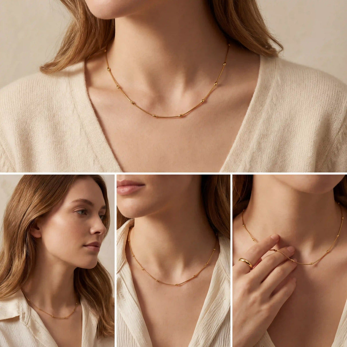 Lifestyle photography collage of woman wearing simple gold satellite necklace everyday look.