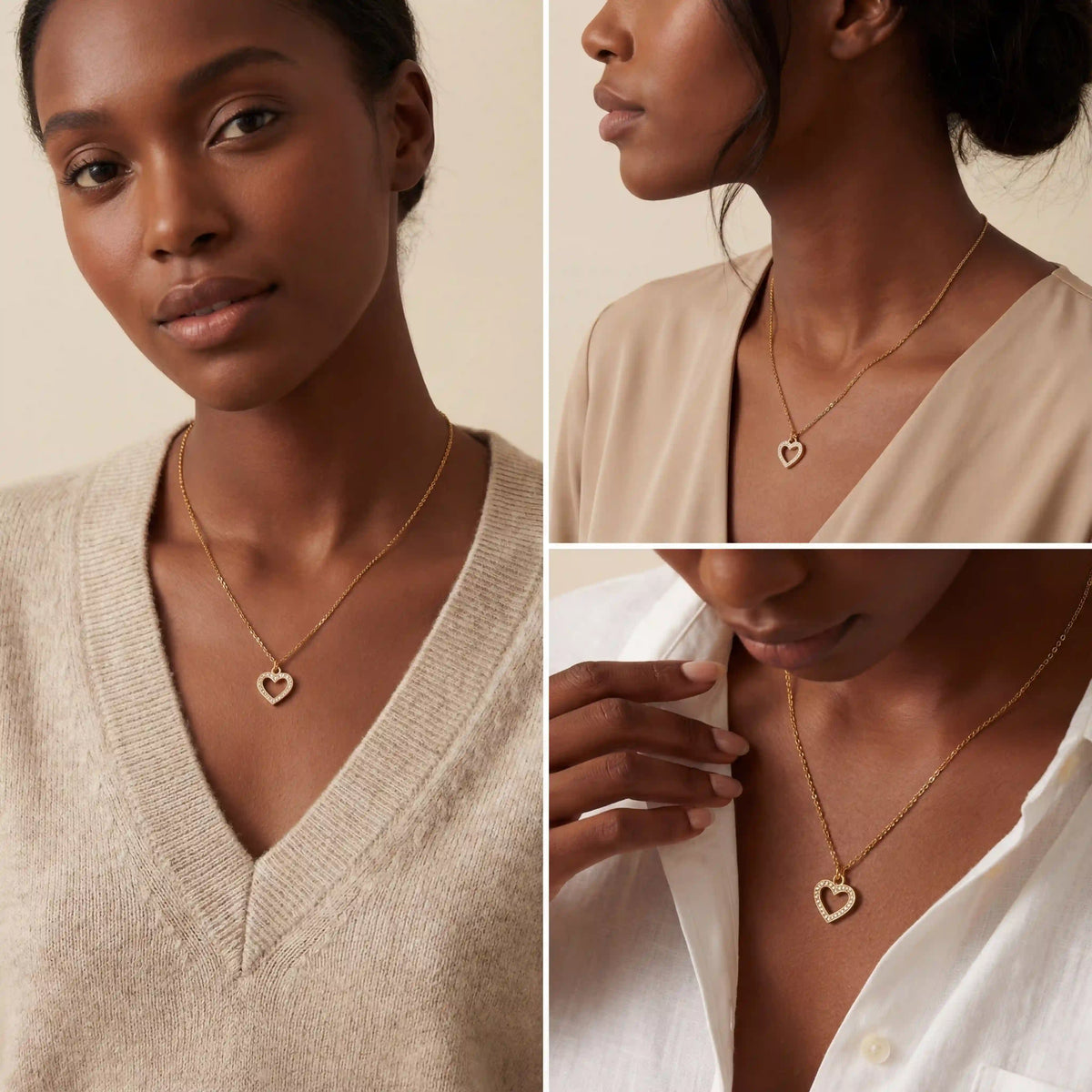 Model with dark skin wearing gold Devotion heart pendant necklace everyday style.