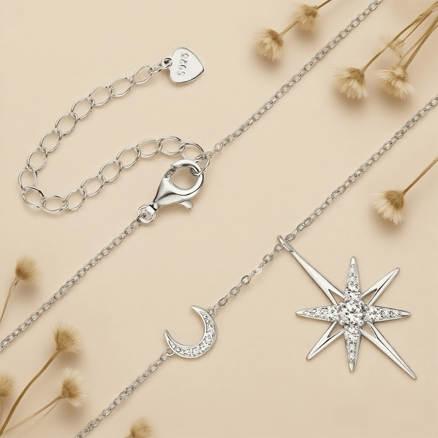 Eight-Pointed Star Moissanite Necklace — 0.28 CT star pendant in sterling silver, celestial sparkle accessory.