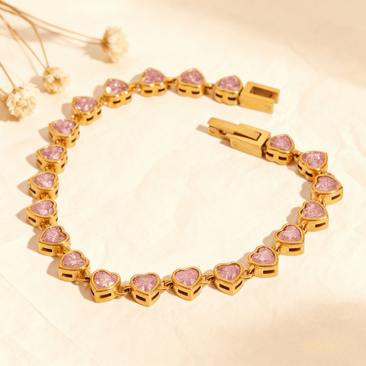 First Kiss Pink Bracelet | Gold Plated Pink Heart Tennis Bracelet