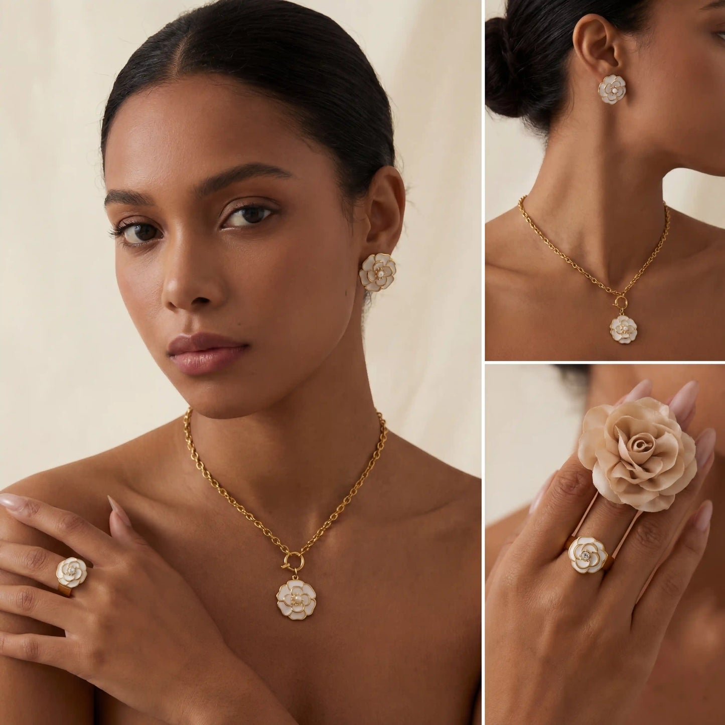 Model with dark skin wearing gold and white enamel flower ring statement jewelry.