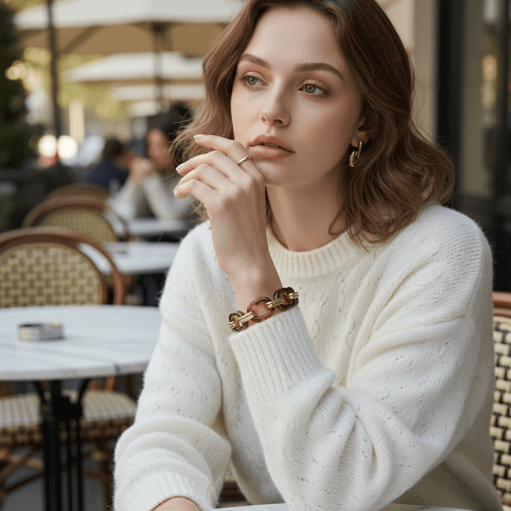 Lifestyle image of a chic woman wearing the Florence tortoiseshell bracelet while sitting at a European-style cafe, embodying the essence of effortless Italian style.