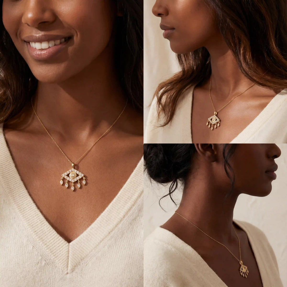 Model with dark skin wearing gold Fortuna necklace statement jewelry for women.