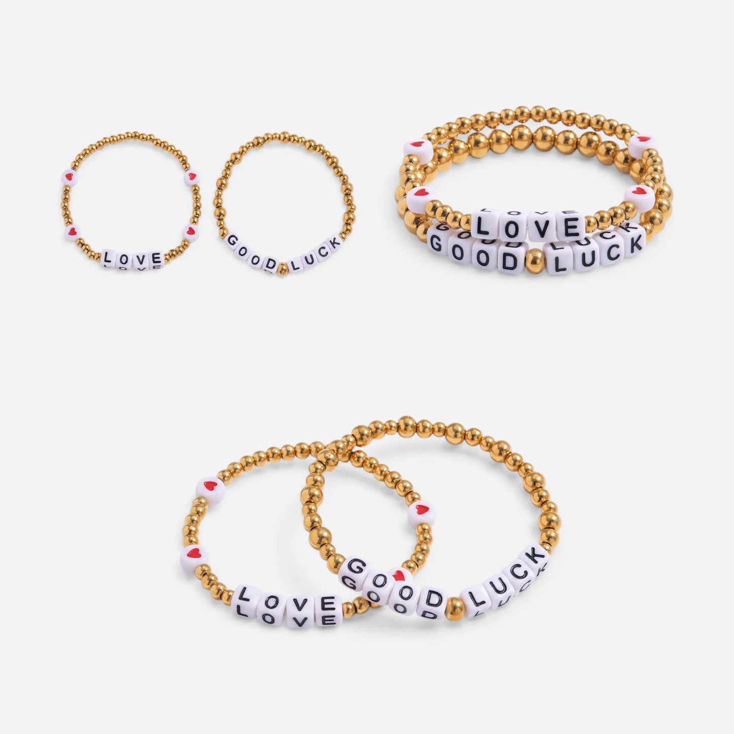 Aesthetic product photography collage of gold beaded message bracelets LOVE and GOOD LUCK.