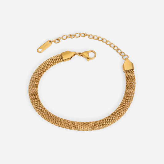 Gold mesh bracelet flat woven stainless steel chain on white background.