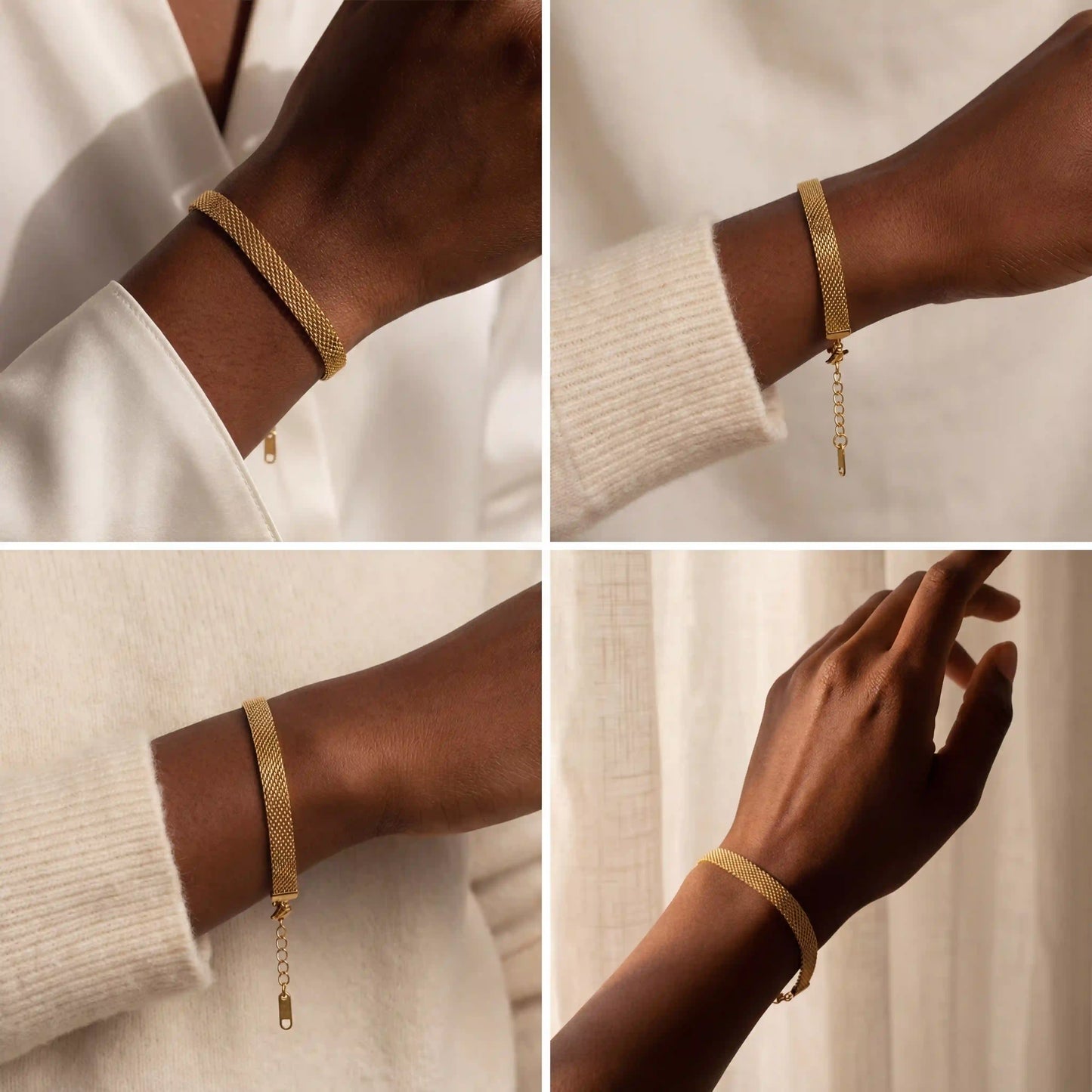 Model with dark skin wearing gold mesh wristband simple everyday jewelry.