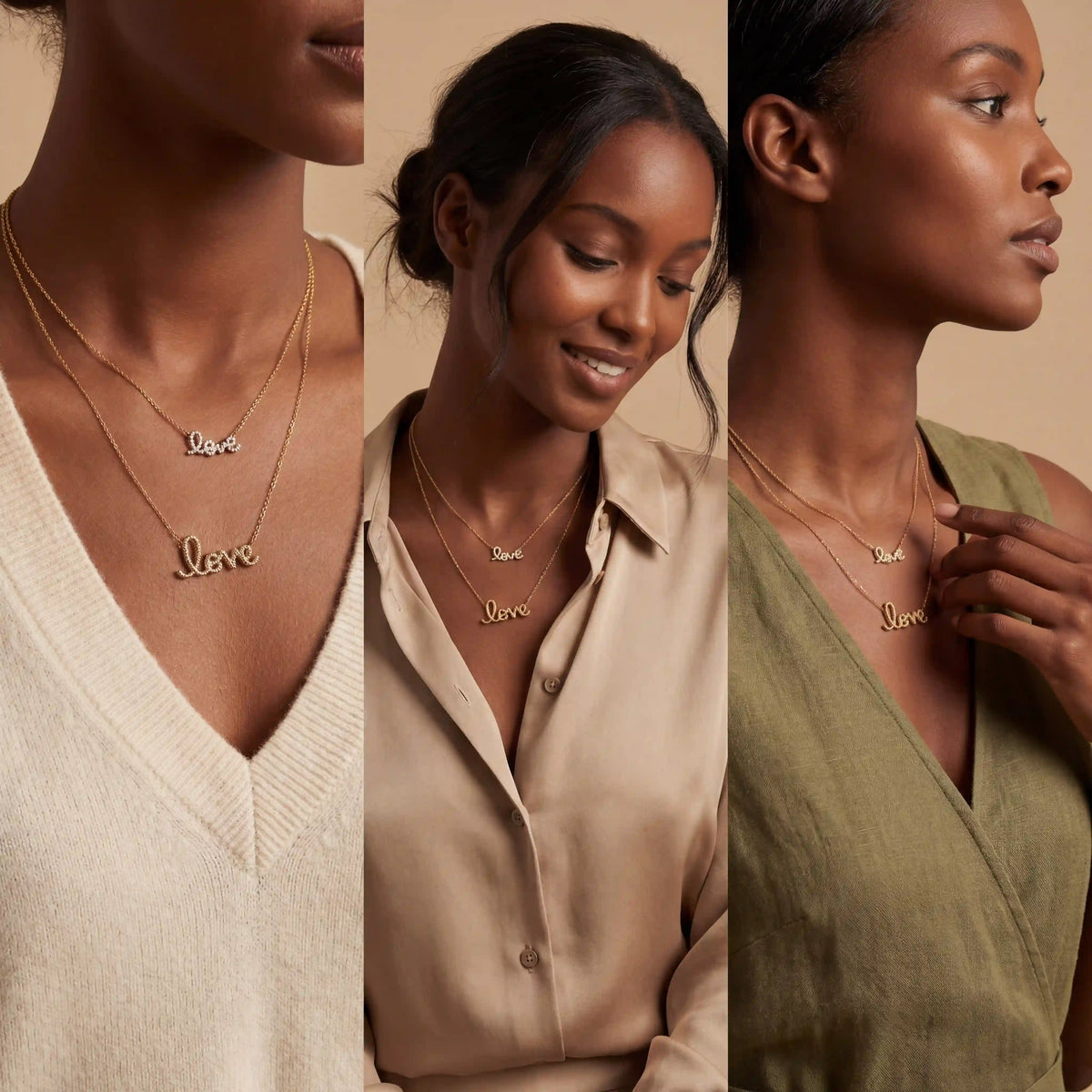 Model with dark skin wearing gold love script pendant necklace everyday style.