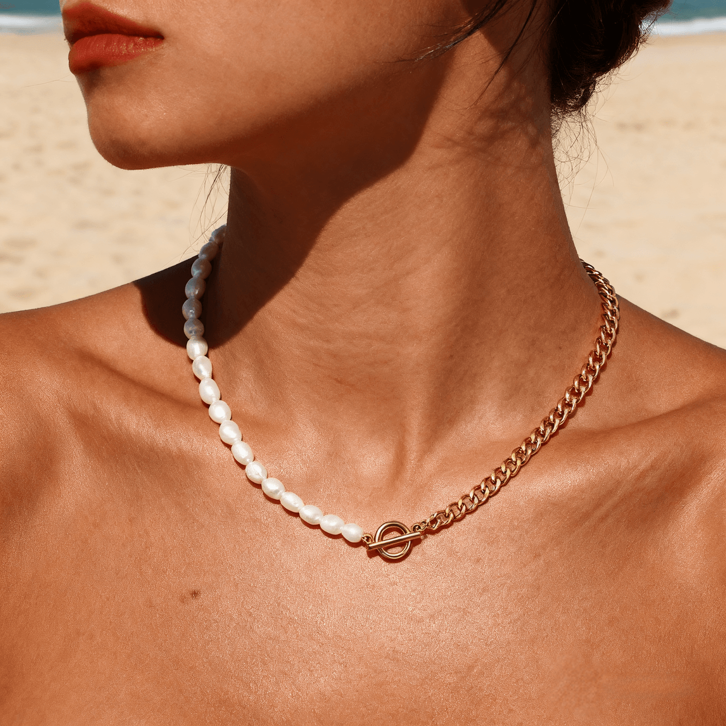 Harmony Pearl Chain Necklace — delicate pearl chain necklace on neutral background, elegant and timeless.
