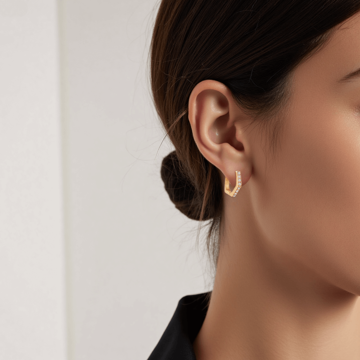 Hexa Halo Moissanite Earrings — halo studs with hexagon frame, moissanite sparkle, geometric elegance.