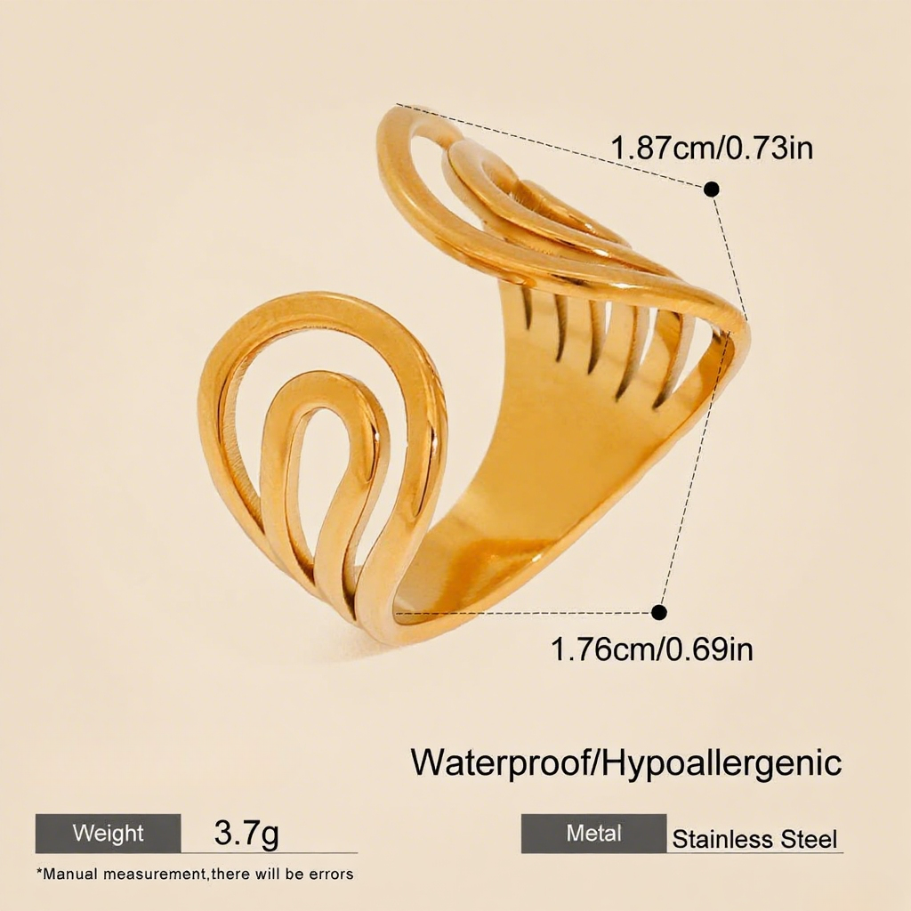 A top-down studio shot of the Liquid Gold Ring, showcasing its full, asymmetrical design. One end features a fluid, abstract swirl, while the other widens into a ribbed, fan-like shape, all in a high-polish gold finish.