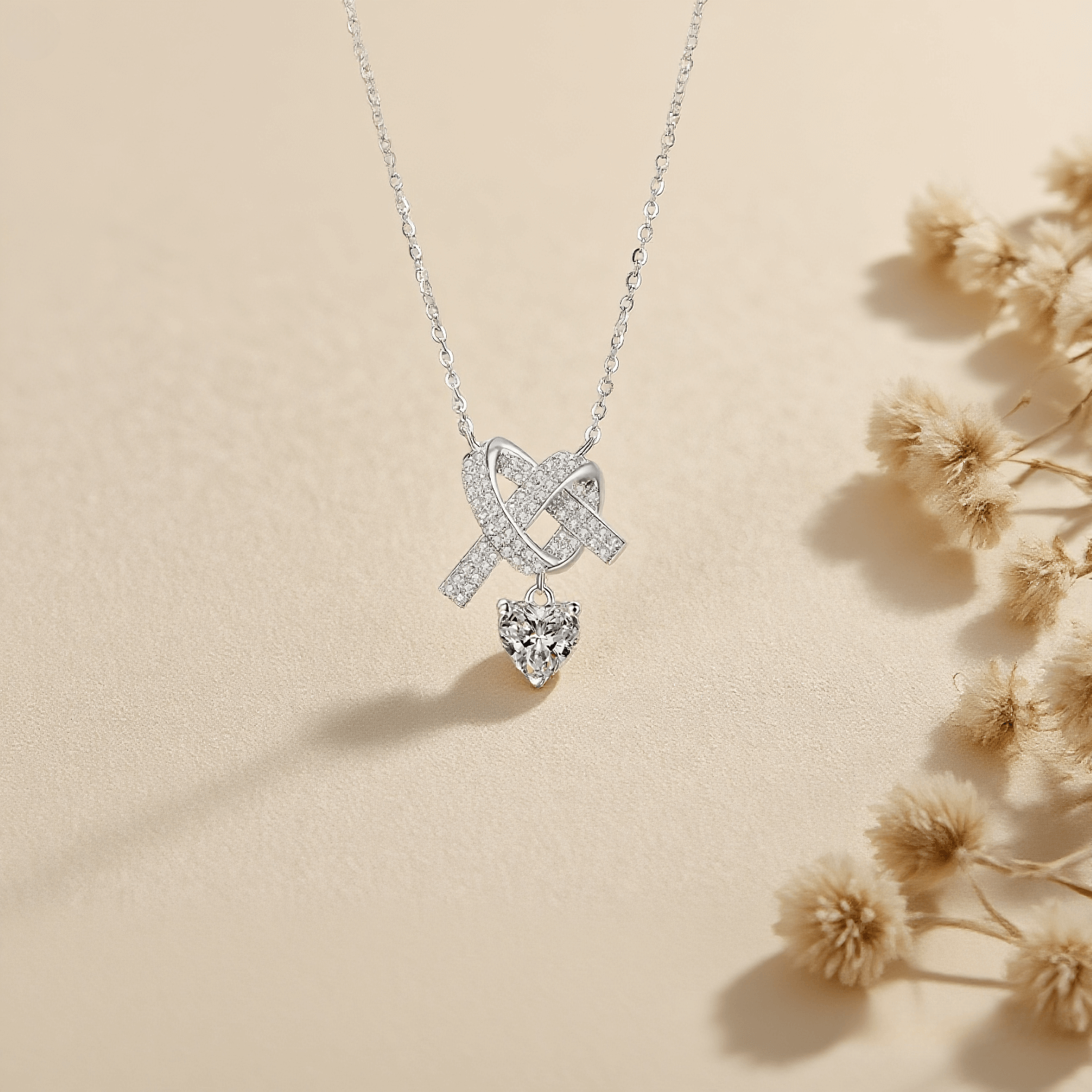 Lovebound Heart Moissanite Necklace — heart shaped moissanite pendant in sterling silver on delicate chain, romantic and luminous.