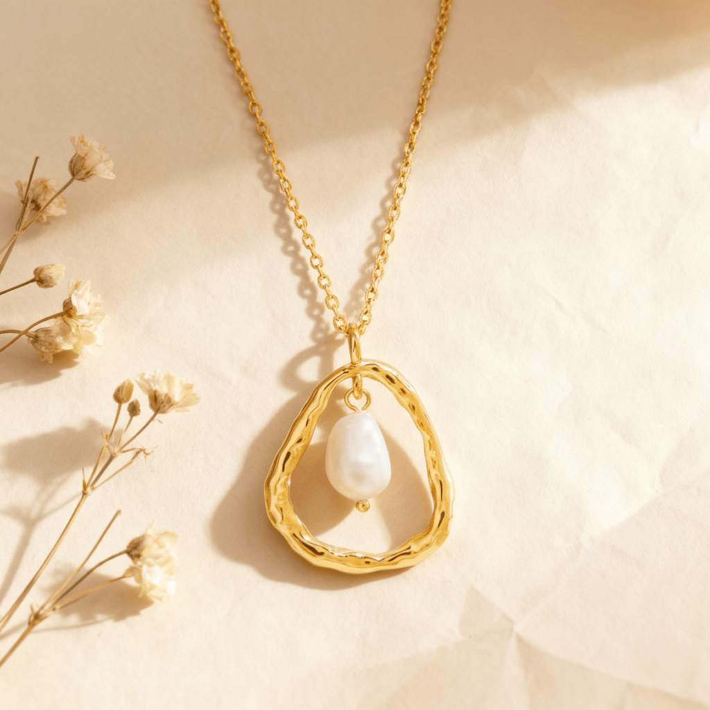 The Luna Pearl necklace featuring a single, round freshwater pearl pendant on a dainty gold titanium steel chain, against a clean, neutral background.