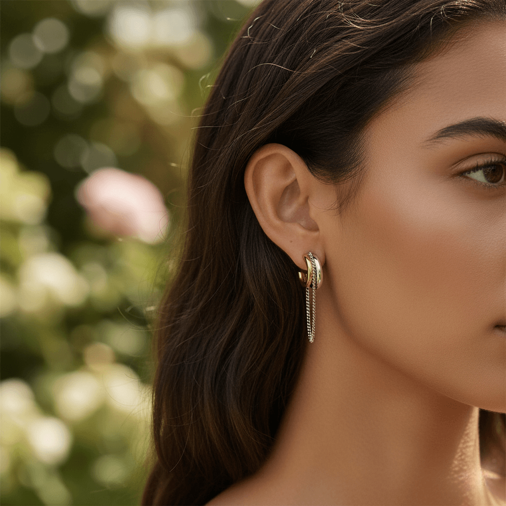 Model wearing the two-tone Luxe Layered Chain Hoops, paired with a black silk blouse to showcase the statement design.