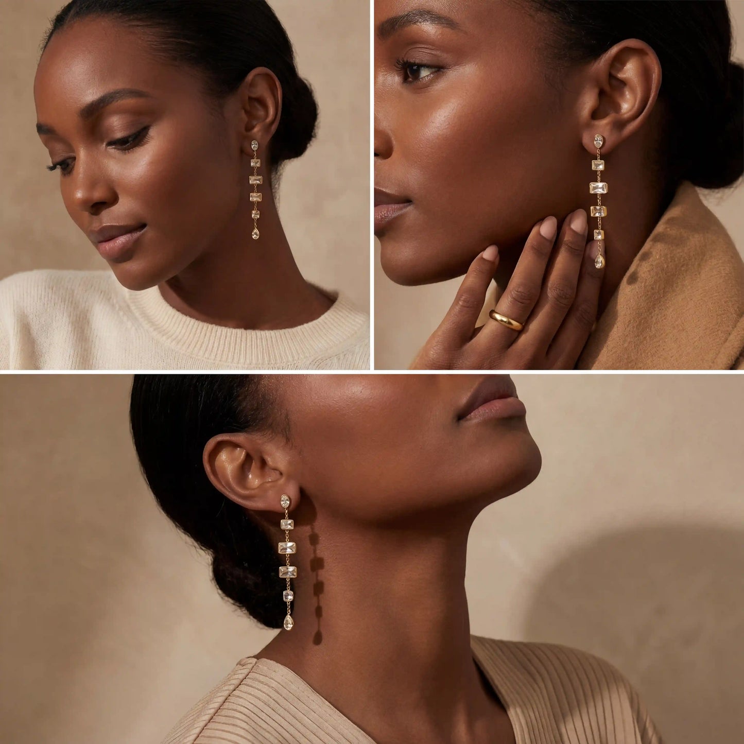 Dark skin model styling Lyra crystal drop earrings bridal jewelry look.