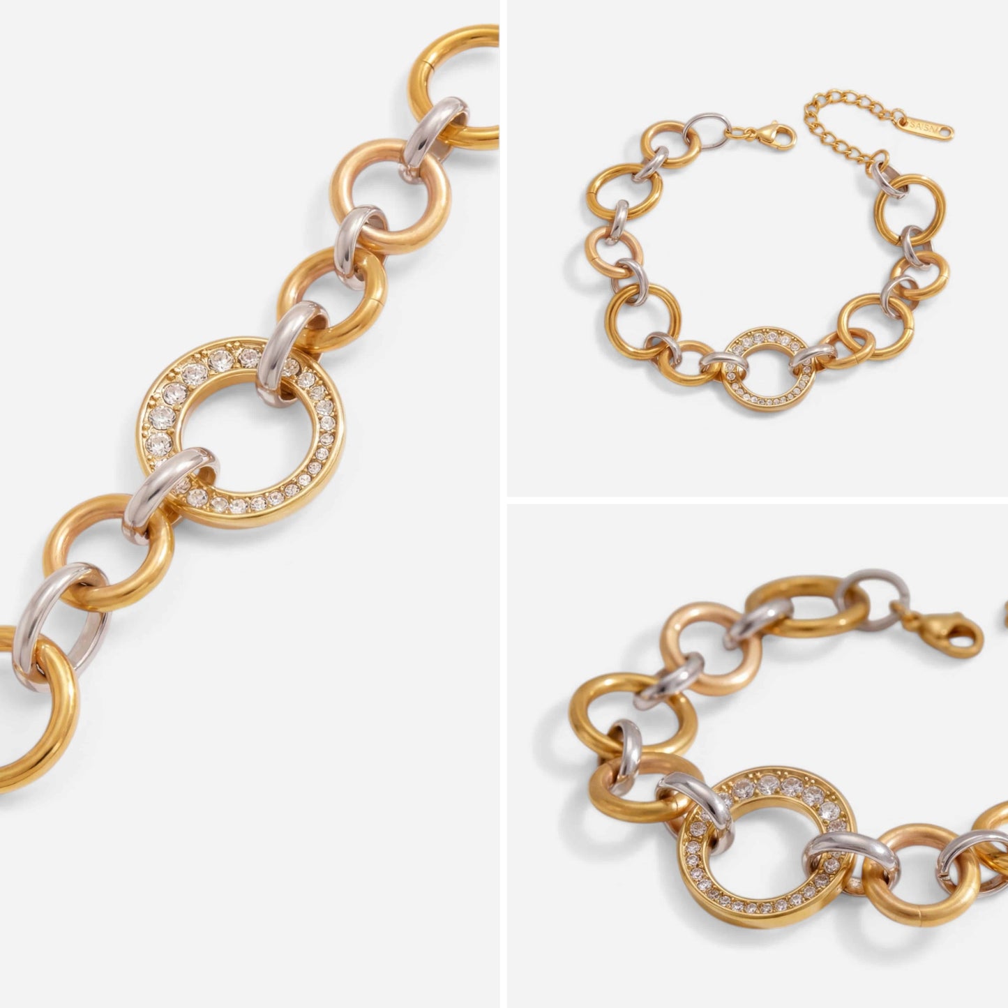 Aesthetic flat lay details of two-tone gold and silver link bracelet with pave crystal ring.