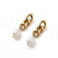 Pair of gold curb chain stud earrings with natural freshwater pearl drop waterproof jewelry.