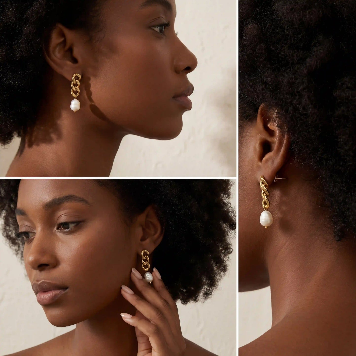 Model with dark skin wearing gold Odette pearl drop earrings timeless jewelry.