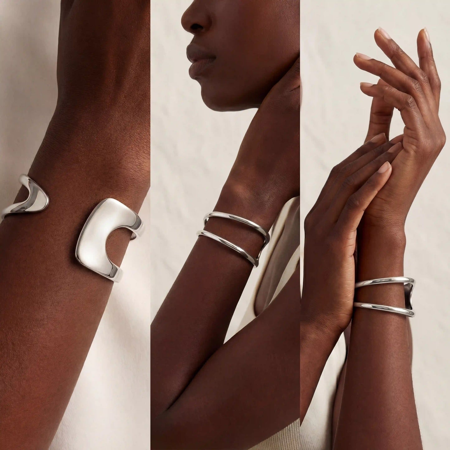Silver stainless steel statement cuff styled on a dark skin model collage.