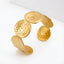 Organic hammered disc cuff bracelet gold stainless steel waterproof jewelry.