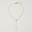 Gold lariat necklace with crystal and pearl drop, waterproof stainless steel chain.