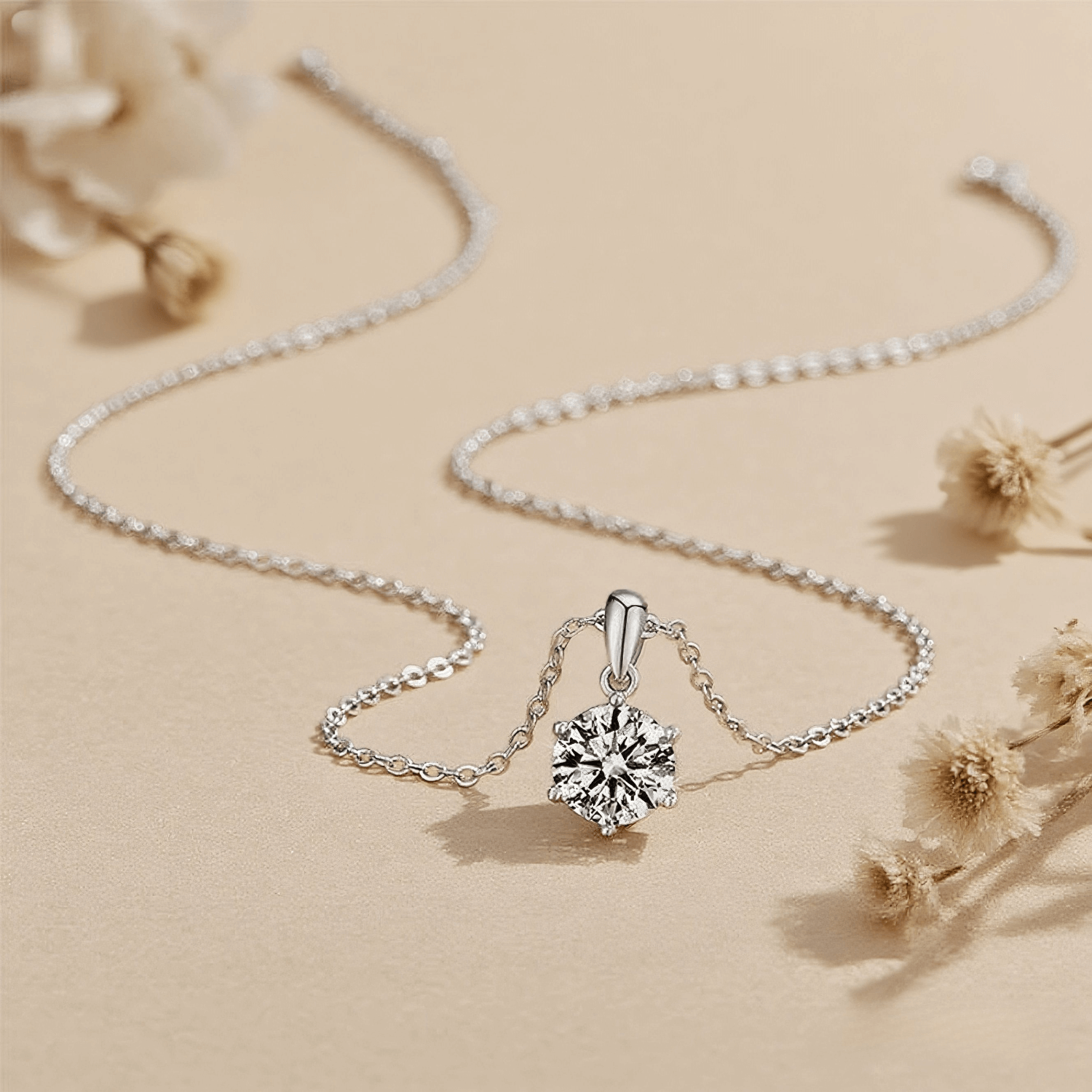 Starlight Moissanite Necklace — radiant moissanite pendant necklace against dark background, celestial and dreamy.