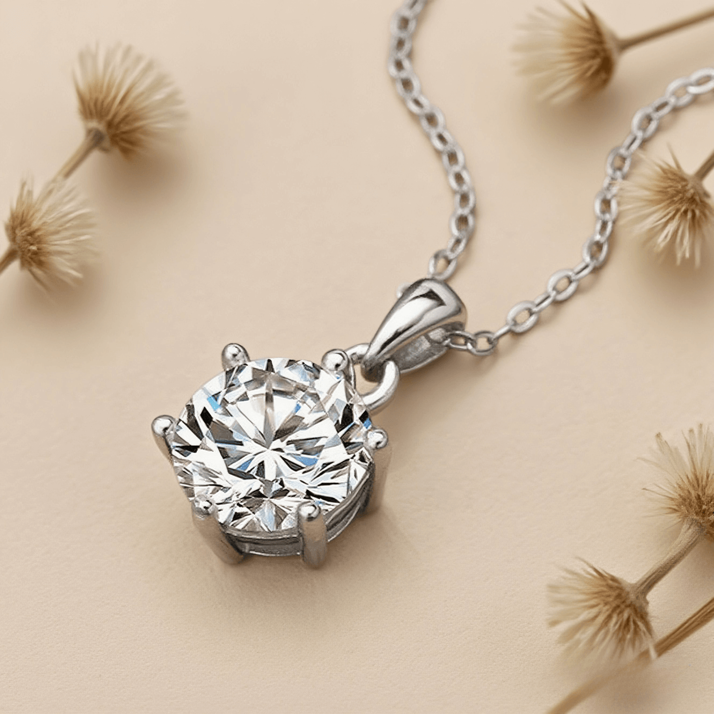 Starlight Moissanite Necklace — radiant moissanite pendant necklace against dark background, celestial and dreamy.