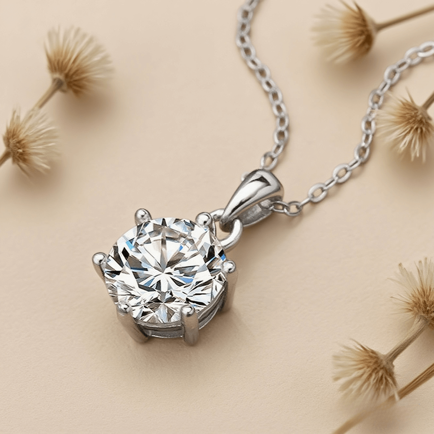 Starlight Moissanite Necklace — radiant moissanite pendant necklace against dark background, celestial and dreamy.