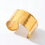 Wide gold hammered open cuff bracelet waterproof stainless steel.