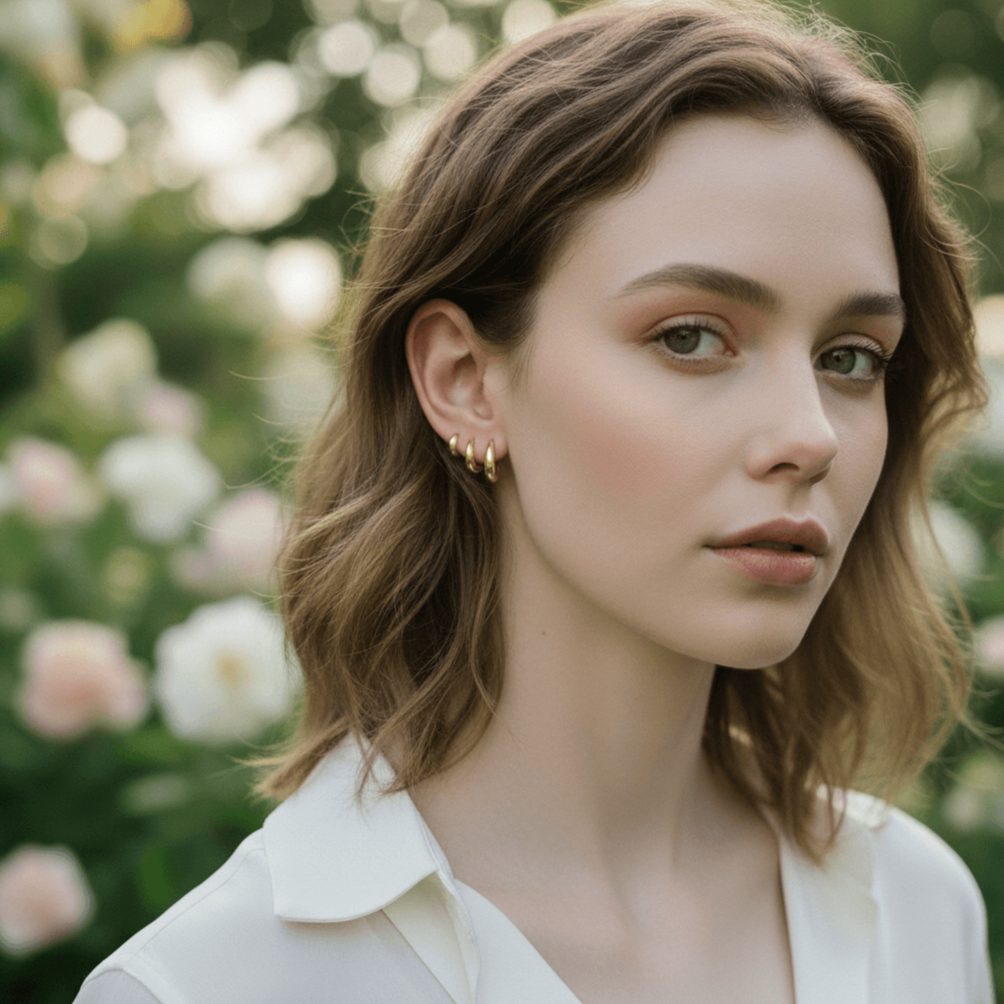 A close-up showing a hand easily clicking the small gold Capsule Hoop shut in a cartilage piercing, demonstrating the secure and user-friendly clicker mechanism.