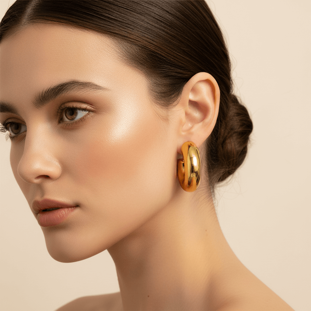 An extreme close-up on a model's earlobe, showing the scale and comfortable fit of the chunky C-shape gold Cloud Hoop. The earring's high-polish finish gleams against her skin.