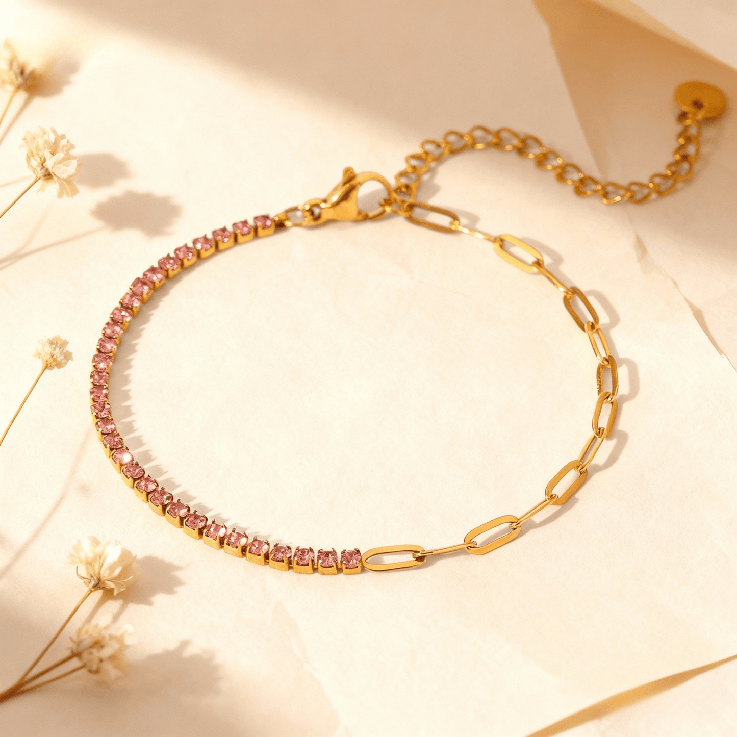 The Duality Bracelet | Half Pink Tennis & Half Paperclip Chain