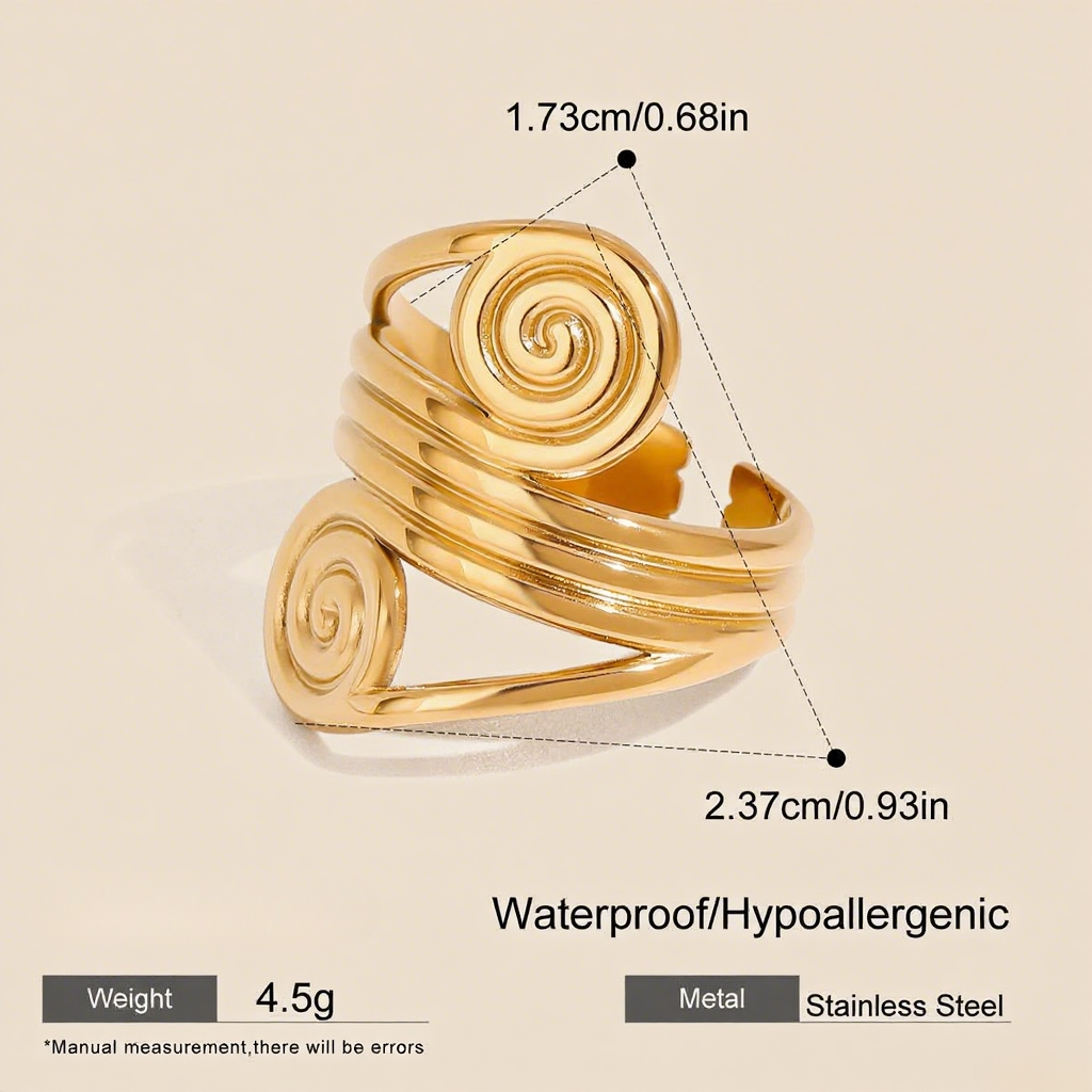 The Oracle Ring in 18k gold plate, a wide, adjustable cuff ring with a double spiral design. The image includes annotations for its dimensions, 4.5g weight, and materials (Waterproof, Hypoallergenic Stainless Steel).