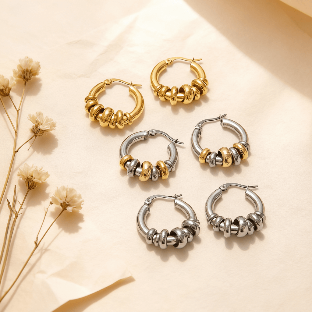 Three pairs of the Siena Stacked Hoops in 18K gold, polished silver, and a two-tone mixed metal finish, displayed together on a white background.