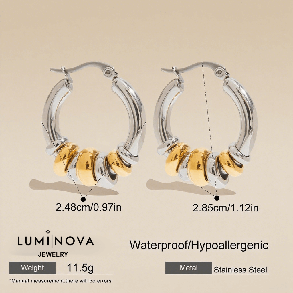 A pair of two tone Siena Stacked Hoops, highlighting the textural, multi-ring design and high-shine 18K gold-painted and polished finish.