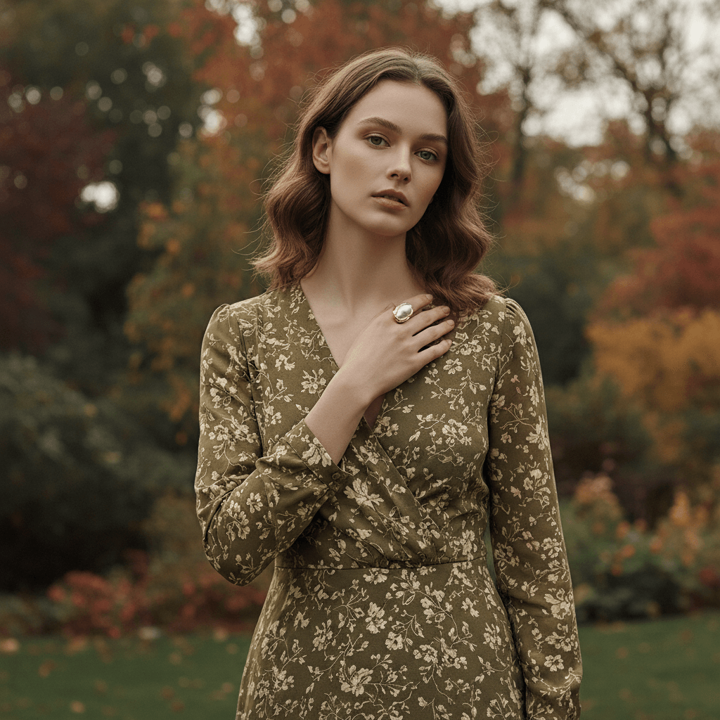 Model wearing The Theia Ring outdoors against a natural stone background, with the sunlight catching the pearl's luster and the gold band's texture.